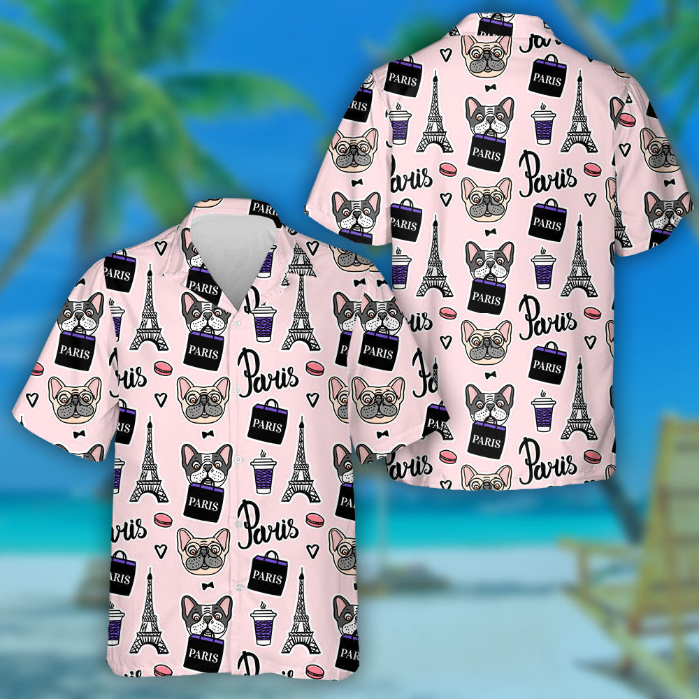 Shopping In Paris Bulldog Holding Shopping Bag Hawaiian Shirt, Hawaiian Shirt Gift, Christmas Gift