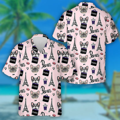 Shopping In Paris Bulldog Holding Shopping Bag Hawaiian Shirt, Hawaiian Shirt Gift, Christmas Gift
