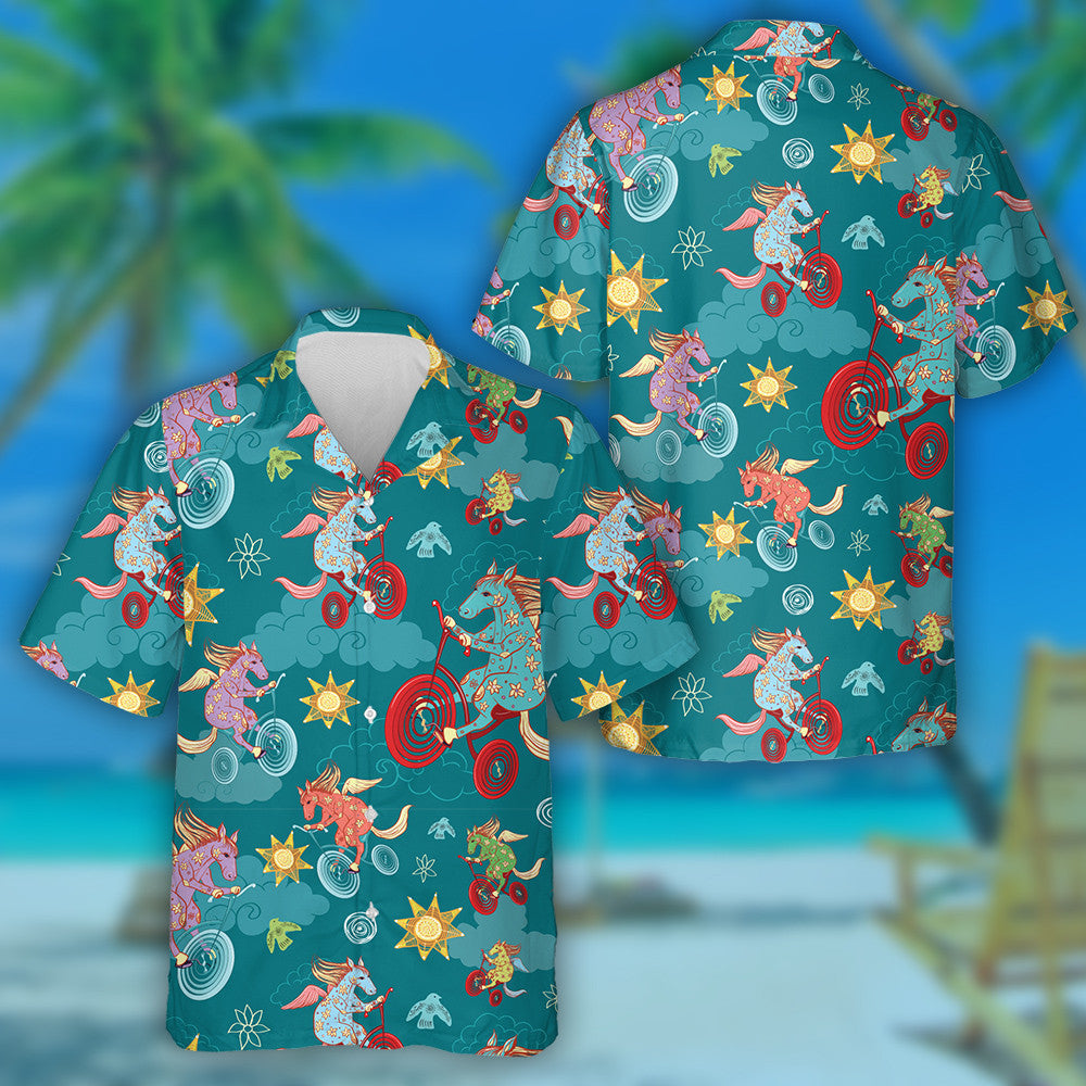 Fantasy Horses Pegasus Rides A Bicycle In The Sky Hawaiian Shirt, Hawaiian Shirt Gift, Christmas Gift