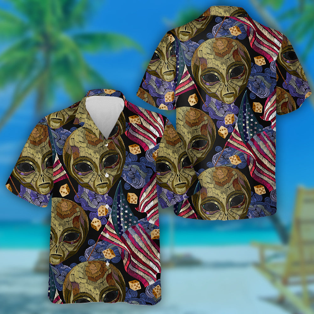 Creepy Alien Head Rippled American Flag Embroidery Pattern Hawaiian Shirt, Hawaiian Shirt Gift, Christmas Gift