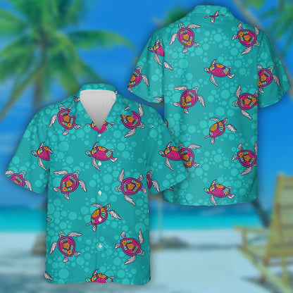 Ornamental Ocean Turtles Blue Ethnic Hand Drawn Hawaiian Shirt, Hawaiian Shirt Gift, Christmas Gift