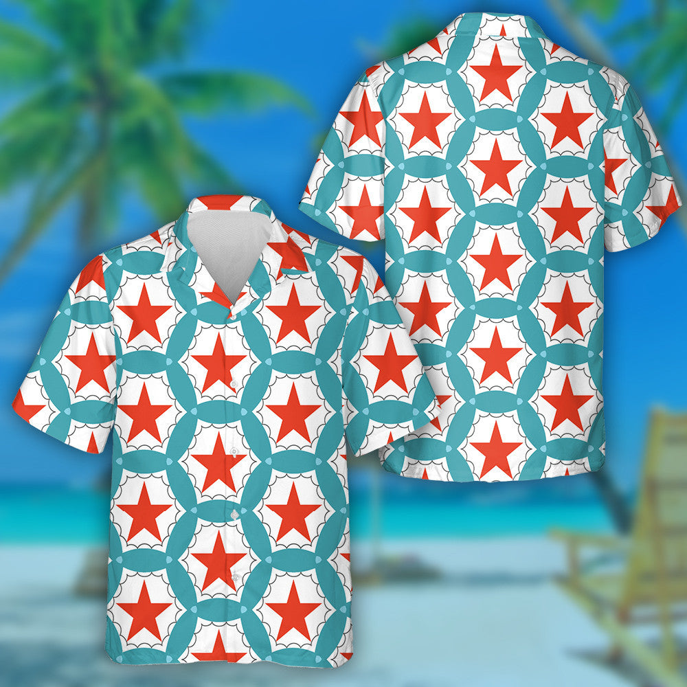 Red Stars In The Center Of Blue Circle Pattern Hawaiian Shirt, Hawaiian Shirt Gift, Christmas Gift