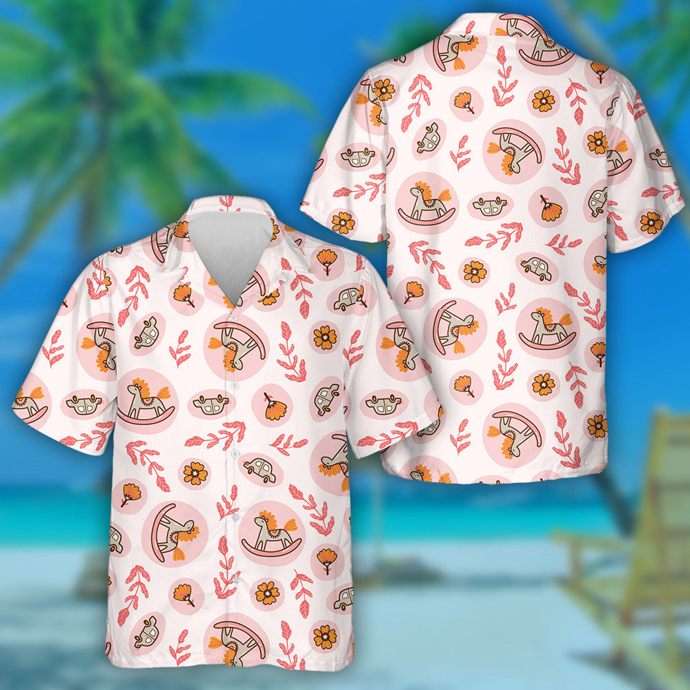 Rocking Horses And Toy Cars On The Pink Background Hawaiian Shirt, Hawaiian Shirt Gift, Christmas Gift