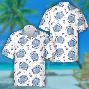 Cute Cartoon Cats And Fish Bones Hawaiian Shirt,Hawaiian Shirt Gift, Christmas Gift