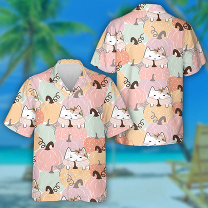 Kawaii Halloween Cat And Flower On White Hawaiian Shirt, Hawaiian Shirt Gift, Christmas Gift