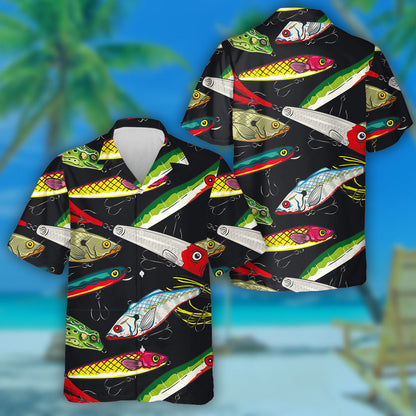 Pop And Colorful Fishing Lures Pattern On Black Background Hawaiian Shirt, Hawaiian Shirt Gift, Christmas Gift