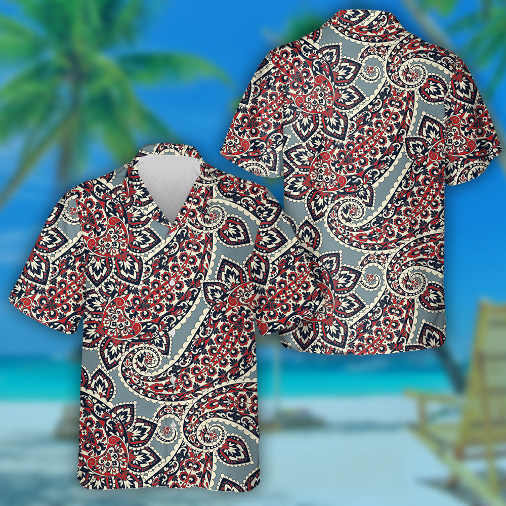 Hand Drawn Traditional Black And Red Paisley Pattern Hawaiian Shirt, Hawaiian Shirt Gift, Christmas Gift