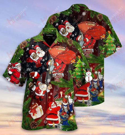 Santa Claus Is Big Fan Of American Football Short Hawaiian Shirt Vacation Aloha Shirt Vintage Hawaiian Shirts Hawaiian Shirts For Men, Hawaiian Shirt Gift, Christmas Gift