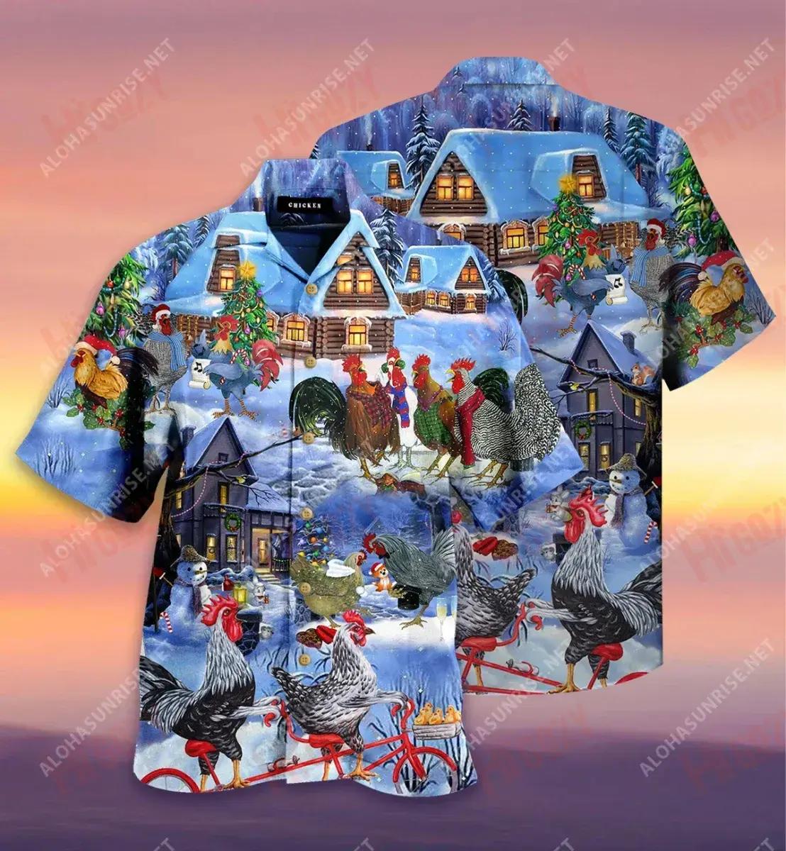 Chickens Merry Christmas Short Hawaiian Shirt Vacation Tropical Shirts Best Hawaiian Shirts Funny Hawaiian Shirts, Hawaiian Shirt Gift, Christmas Gift