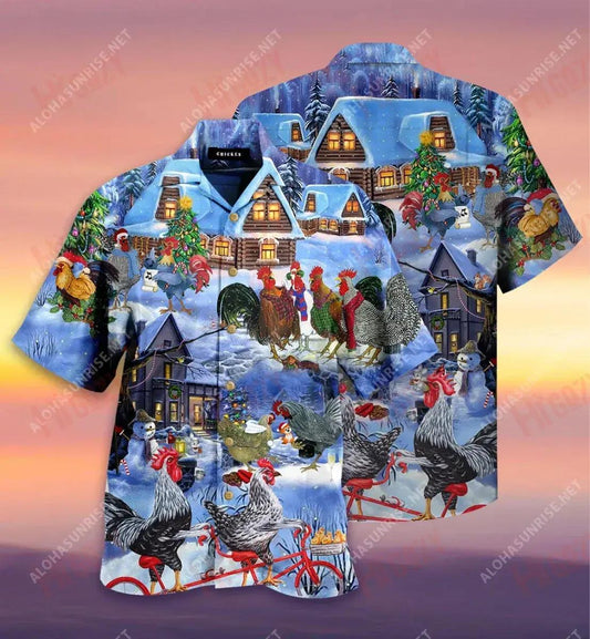 Chickens Merry Christmas Short Hawaiian Shirt Vacation Tropical Shirts Best Hawaiian Shirts Funny Hawaiian Shirts, Hawaiian Shirt Gift, Christmas Gift