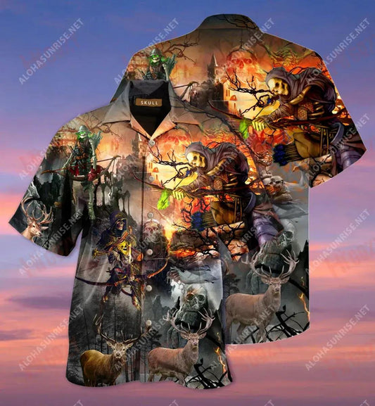 Skull Hunting Elk Short Sleeve Shirt Vacation Hawaiian T Shirts Custom Hawaiian Shirts Hawaiian Shirts For Women, Hawaiian Shirt Gift, Christmas Gift