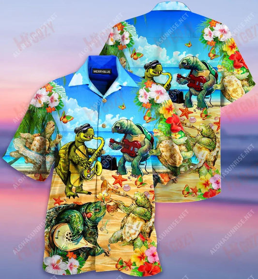 Happy Summer With Turtle Band Unisex Hawaiian Shirt Summer Short Sleeve Tactical Hawaiian Shirt Hawaiian Shirts For Women, Hawaiian Shirt Gift, Christmas Gift