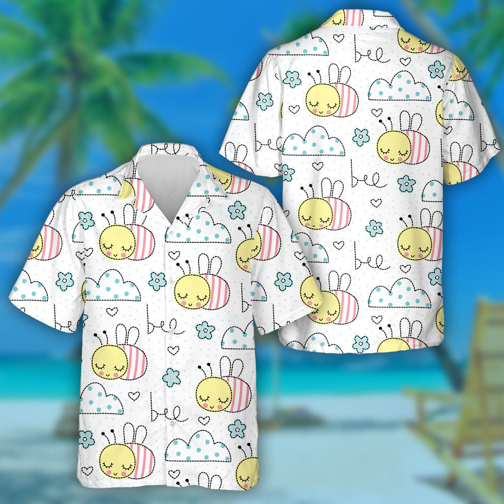 Hand Drawn Bees Clouds And Flowers Hawaiian Shirt, Hawaiian For Gift