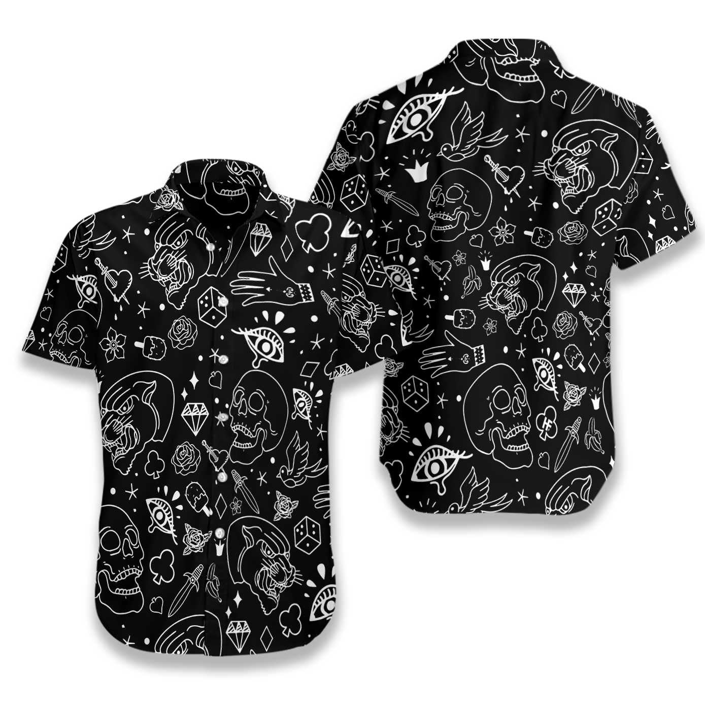 American Traditional Flash Tattoo Skull Black Theme Hawaiian Shirt, Hawaiian Shirt Gift, Christmas Gift