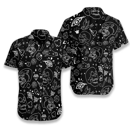 American Traditional Flash Tattoo Skull Black Theme Hawaiian Shirt, Hawaiian Shirt Gift, Christmas Gift