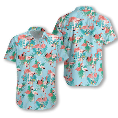 Flamingo In Love Beautiful Leave Blue Style Hawaiian Shirt, Hawaiian Shirt Gift, Christmas Gift