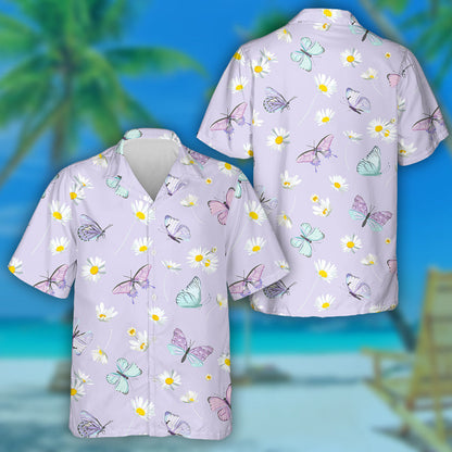 Violet Theme Watercolor Daisy Flowers And Butterfly Pattern Hawaiian Shirt, Hawaiian Shirt Gift, Christmas Gift