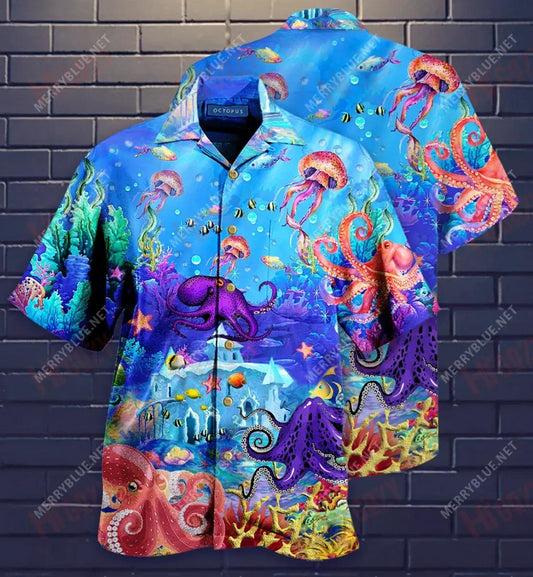 Octopus Under The Sea Short Short Sleeve Shirt Summer Hawaiian T Shirts Best Hawaiian Shirts Hawaiian Shirts For Men, Hawaiian Shirt Gift, Christmas Gift
