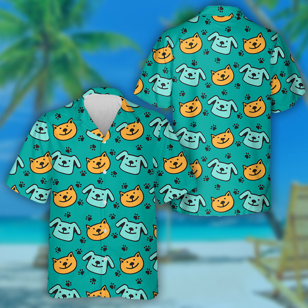 Happy Dogs And Cats On Blue Background Hawaiian Shirt, Hawaiian Shirt Gift, Christmas Gift