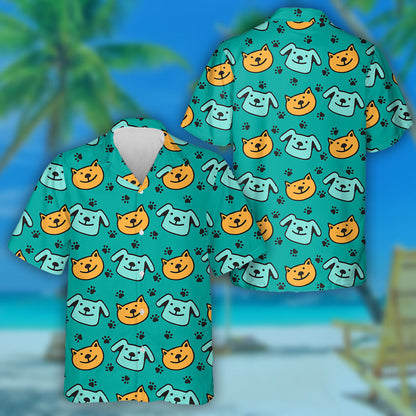 Happy Dogs And Cats On Blue Background Hawaiian Shirt, Hawaiian Shirt Gift, Christmas Gift