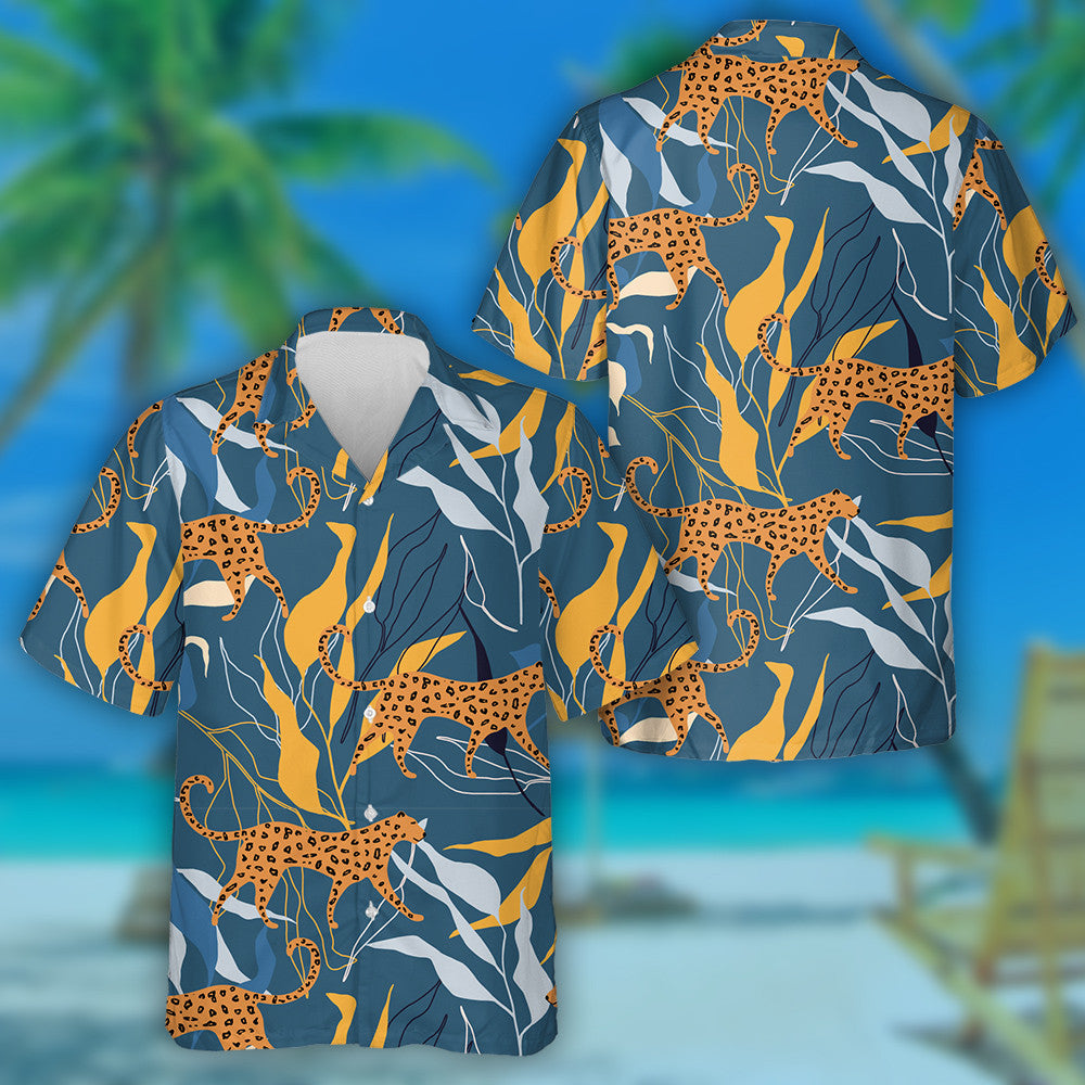 Wild Leopard Exotic Leaves In Modern Style Hawaiian Shirt, Hawaiian Shirt Gift, Christmas Gift