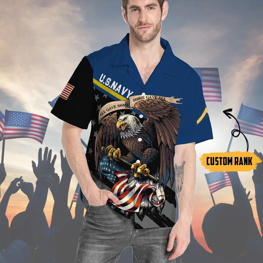 US Navy Veteran Flying Eagle Custom rank Holding America Flag Hawaiian Shirt, Hawaiian Shirt Gift, Christmas Gift