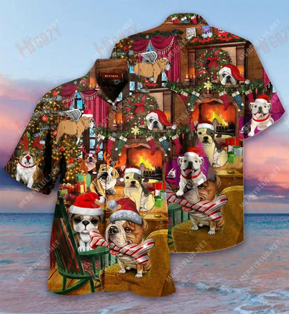 Christmas With Bulldog Short Hawaiian Shirt Ocean Hawaiian T Shirts Custom Hawaiian Shirts Hawaiian Shirts For Women, Hawaiian Shirt Gift, Christmas Gift