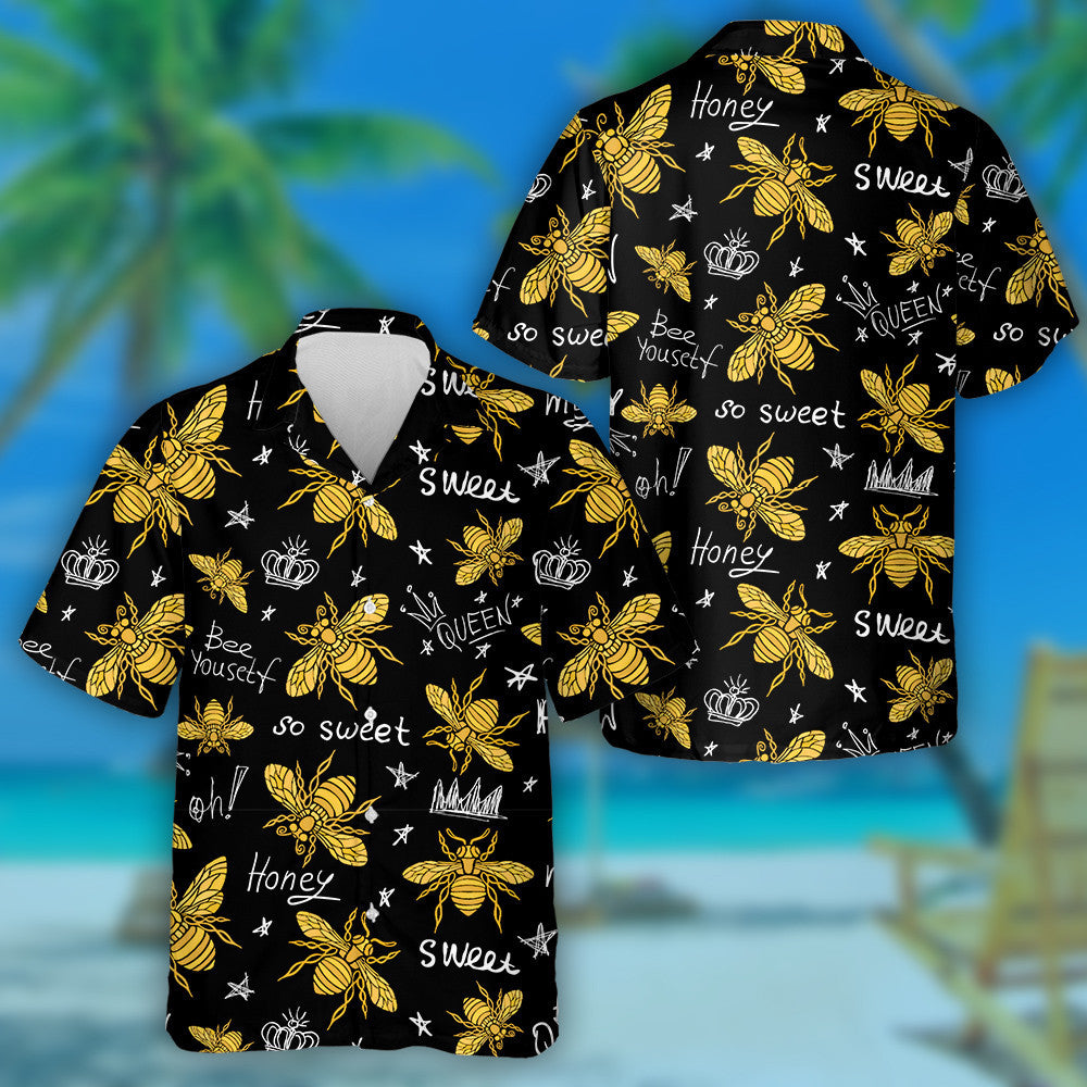 Black And Yellow Hand Drawn Golden Honey Bee Hawaiian Shirt, Hawaiian Shirt Gift, Christmas Gift
