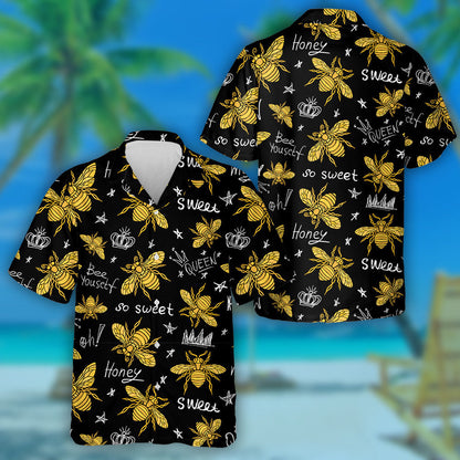 Black And Yellow Hand Drawn Golden Honey Bee Hawaiian Shirt, Hawaiian Shirt Gift, Christmas Gift
