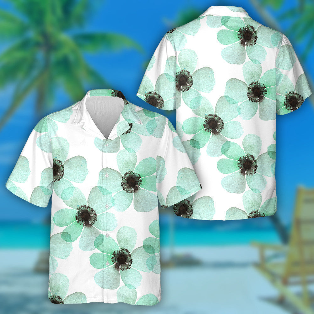 Hand Painted Watercolor Anemone Turquoise Flower Pattern Hawaiian Shirt, Hawaiian Shirt Gift, Christmas Gift