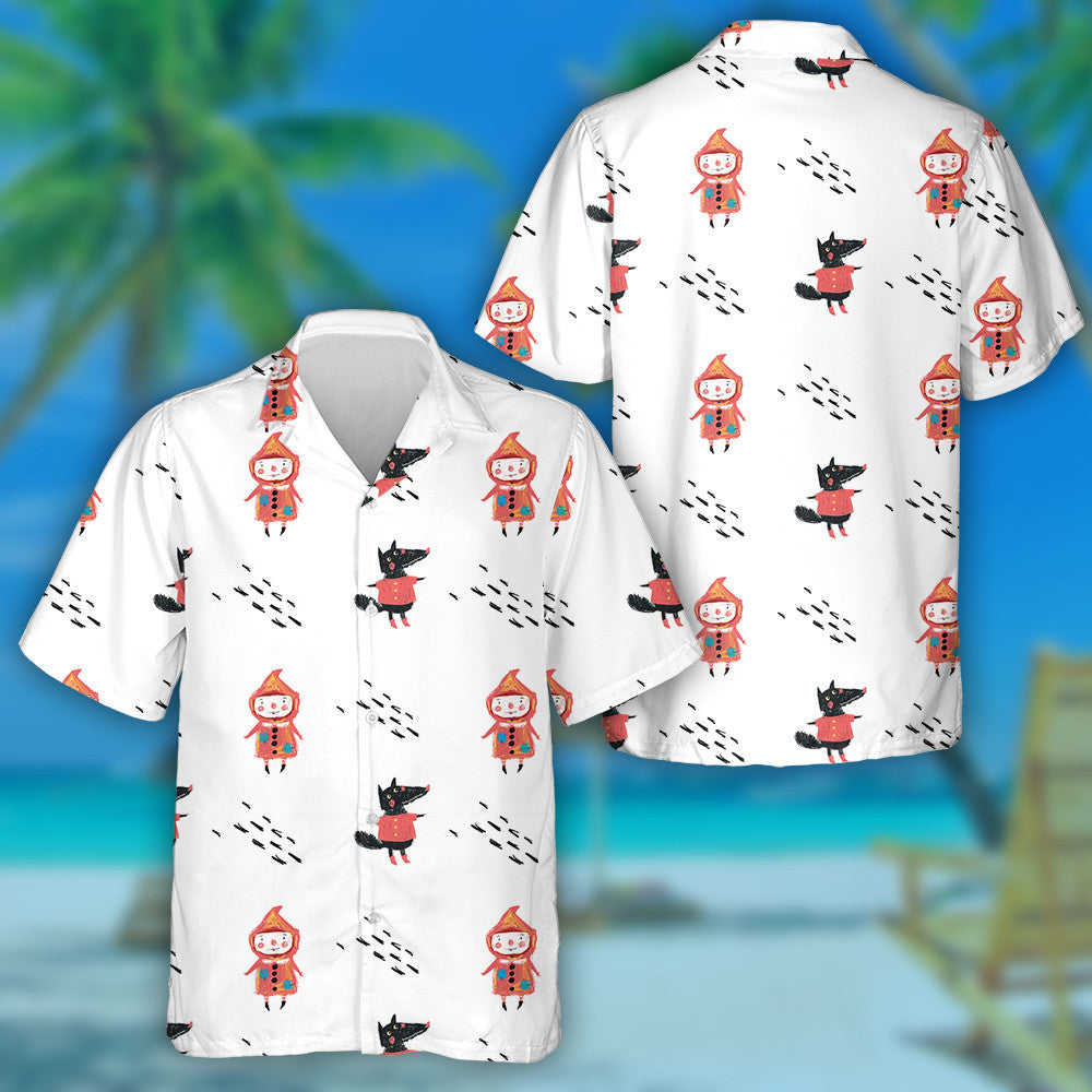 Red Hood And Wolf On White Background Hawaiian Shirt, Hawaiian Shirt Gift, Christmas Gift