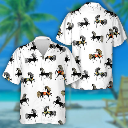 Retro Texture With Black Horses On White Hawaiian Shirt, Hawaiian Shirt Gift, Christmas Gift