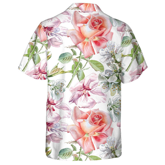 Watercolor Orange Pink Roses Flower Branches Art Design Hawaiian Shirt, Hawaiian Shirt Gift, Christmas Gift
