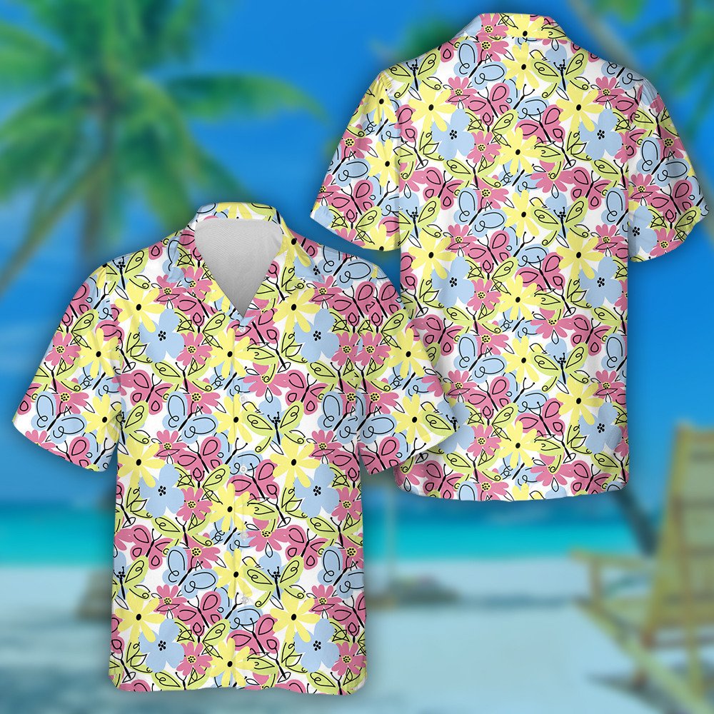 Theme Spring Yellow Flower And Butterfly Hawaiian Shirt,Hawaiian Shirt Gift, Christmas Gift