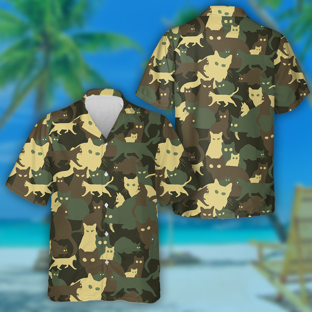 Green Forest Colors Playful Cat Silhouette Camo Pattern Hawaiian Shirt, Hawaiian Shirt Gift, Christmas Gift