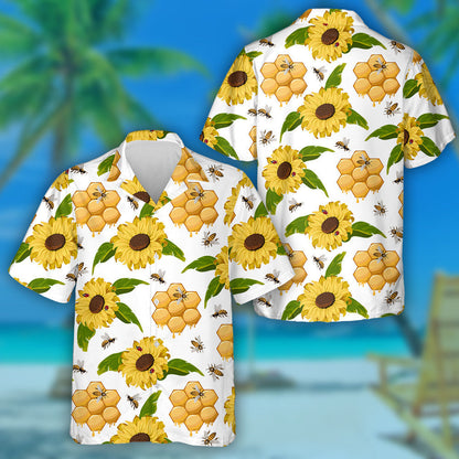 Ladybuds Bees Honeycombs And Sunflowers In A Color Pattern Hawaiian Shirt, Hawaiian Shirt Gift, Christmas Gift