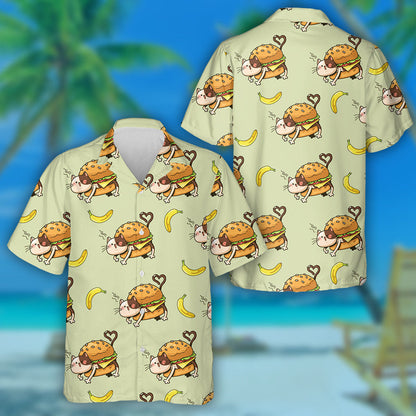 Cat Hamburger And Banana Cartoon On Green Background Hawaiian Shirt, Hawaiian Shirt Gift, Christmas Gift