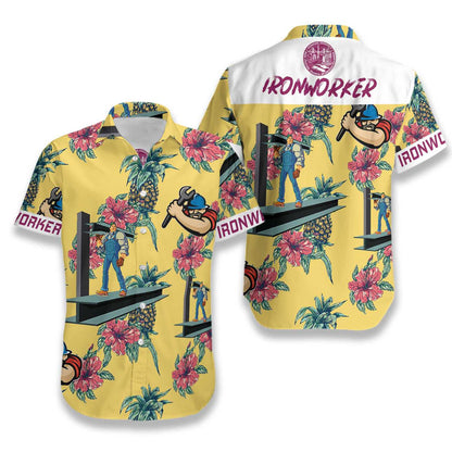 Ironworker Pineapple Seamless Pattern Yellow Background Hawaiian Shirt,Hawaiian Shirt Gift, Christmas Gift