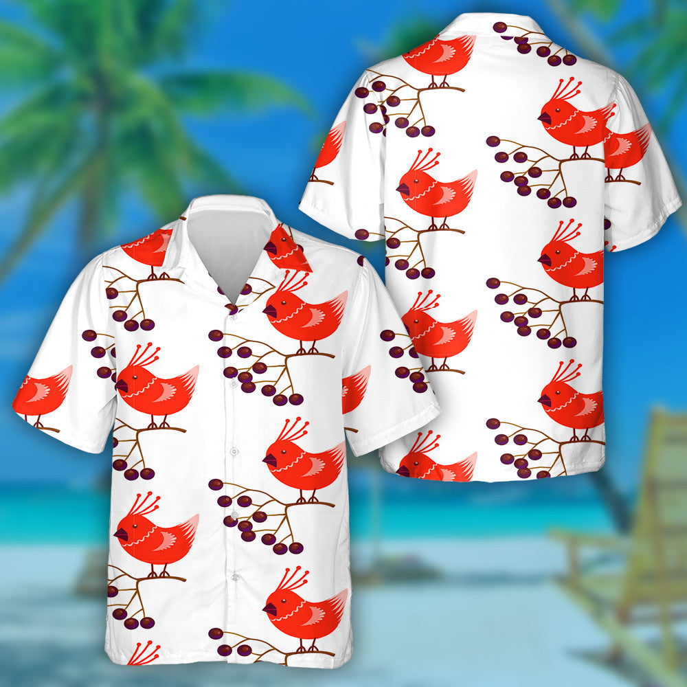 Little Cartoon Red Cardinal Bird Branch Berries Hawaiian Shirt, Hawaiian Shirt Gift, Christmas Gift