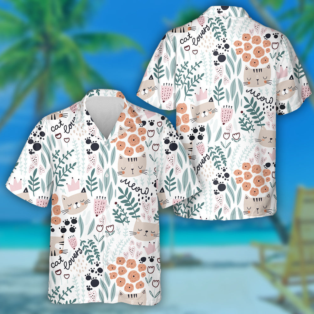 Cute Hand Drawn Cats And Florals Hawaiian Shirt,Hawaiian Shirt Gift, Christmas Gift