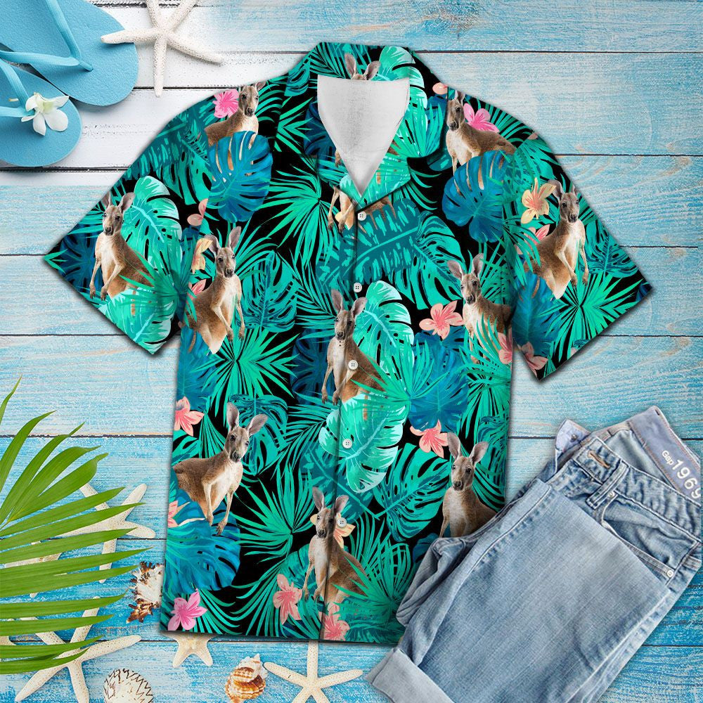 Kangaroo Among Tropical Flowers And Leaves Hawaiian Shirt, Hawaiian For Gift