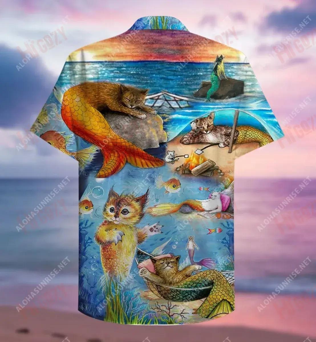 Mermaid Off Duty Cat Short Hawaiian Shirt Ocean Hawaiian T Shirts Hawaiian Crazy Shirts Hawaiian Shirts For Women, Hawaiian Shirt Gift, Christmas Gift