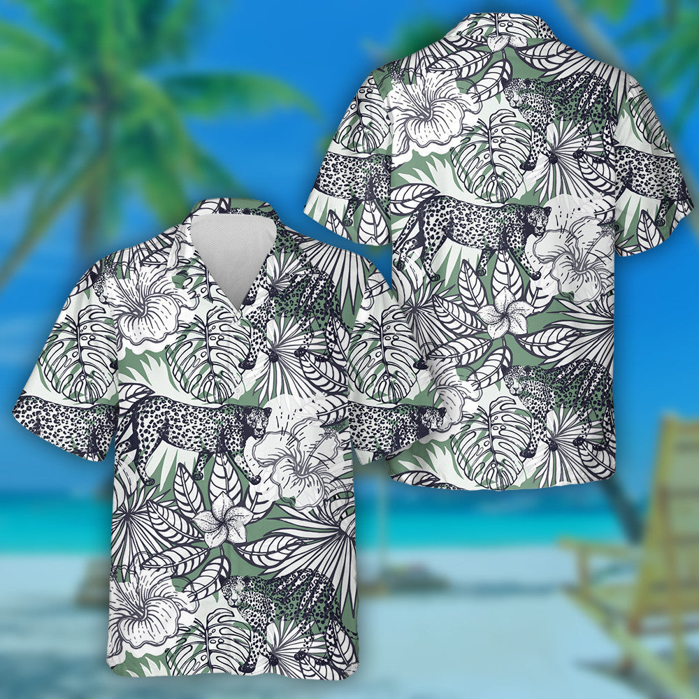 Sketch Style Exotic Flowers Plants And Leopards Hawaiian Shirt, Hawaiian Shirt Gift, Christmas Gift