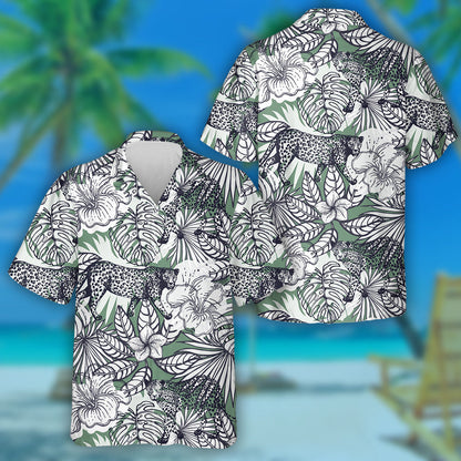 Sketch Style Exotic Flowers Plants And Leopards Hawaiian Shirt, Hawaiian Shirt Gift, Christmas Gift