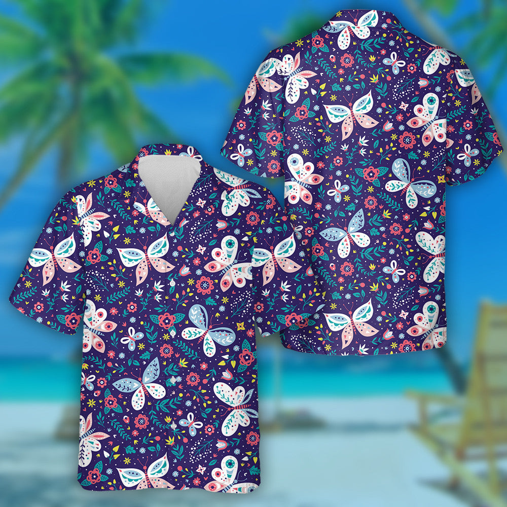 Cartoon Colorful Folk Butterflies And Flowers Hawaiian Shirt, Hawaiian For Gift