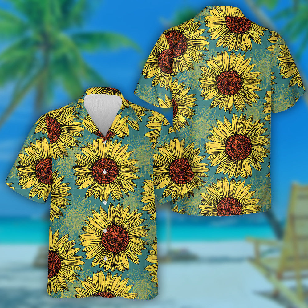 Naturalistic Yellow Orange Flowers On Mint Blue Background Hawaiian Shirt, Hawaiian Shirt Gift, Christmas Gift