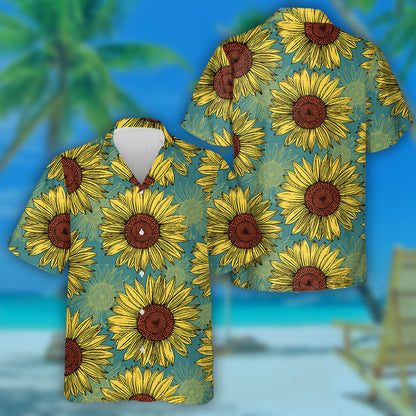 Naturalistic Yellow Orange Flowers On Mint Blue Background Hawaiian Shirt, Hawaiian Shirt Gift, Christmas Gift