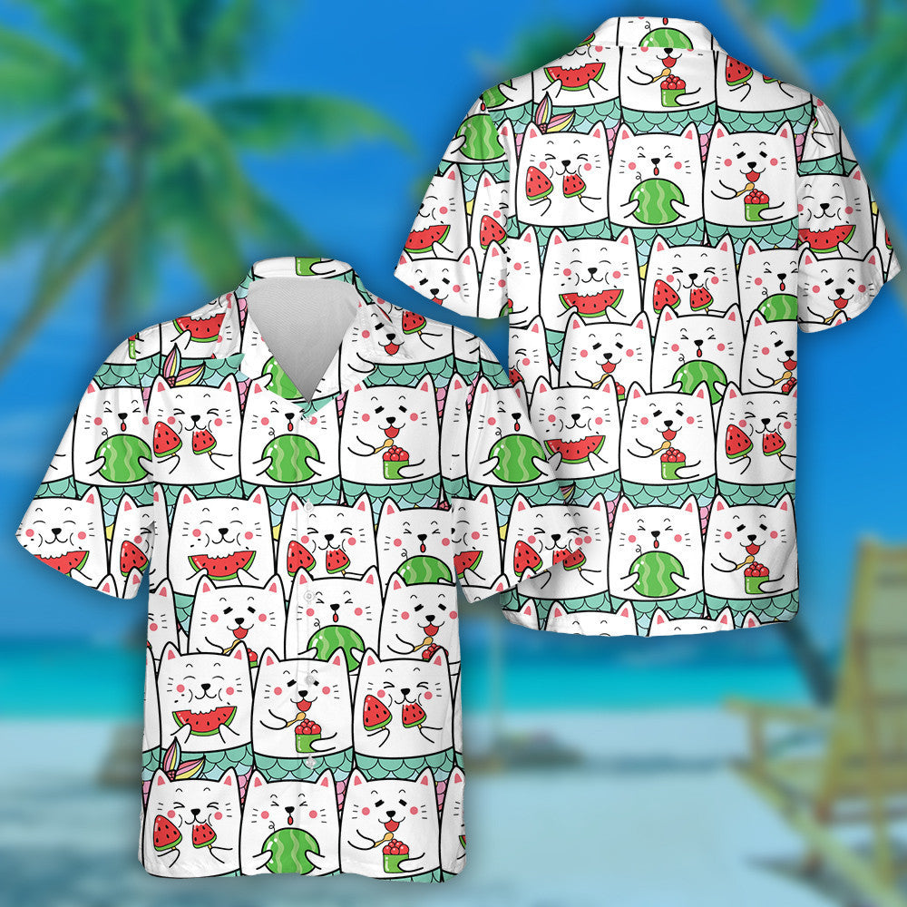 Cute Cat Mermaid Eating Watermelon In Summer Time Hawaiian Shirt, Hawaiian Shirt Gift, Christmas Gift