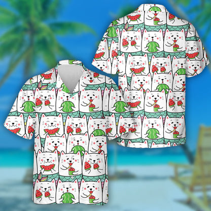 Cute Cat Mermaid Eating Watermelon In Summer Time Hawaiian Shirt, Hawaiian Shirt Gift, Christmas Gift
