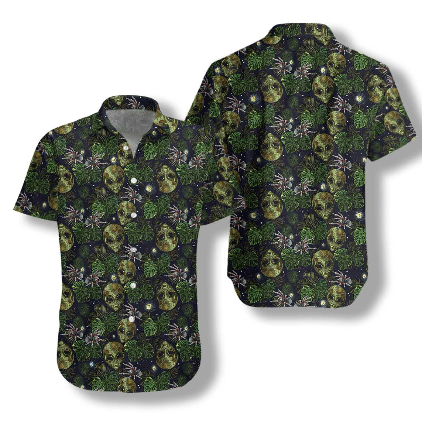 Cool Design Hawaiian Shirt Alien And Spider In Night Tropical Forest, Hawaiian Shirt Gift, Christmas Gift